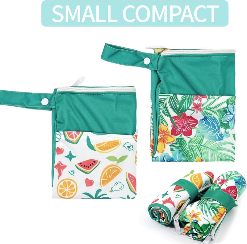 CoolaPeach 2pcs Wet Bags Waterproof Reusable Wet Dry Bag with Two Zippered Pockets Travel Beach Pool Daycare Yoga Gym Bag for Baby Cloth Diaper,Swimsuits,Wet Clothes (Flowers & Fruits) - Image 5